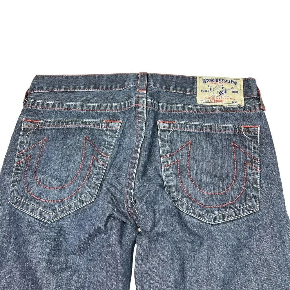 True Religion VTG Y2K Straight Leg Jeans Embroidered Logo Dark Wash Mens 36x26